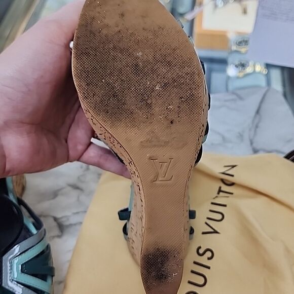 Authentic Louis Vuitton Blue Green Tri-Color Women's Cork Wedges Size 36 - Picture 7 of 9